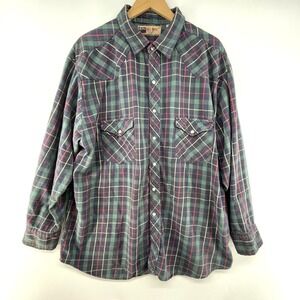 Vtg Big Mac Shirt Mens 2XL Tall Green Red Plaid Flannel Snap USA Workwear 90s